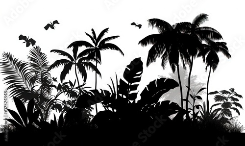  a black and white photo of a tropical scene with palm trees and birds flying over the top of the tree tops and below the trees.  generative ai