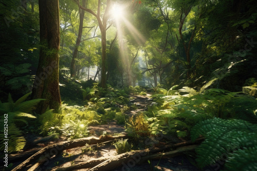 Witness the captivating play of light and shadow as sunlight filters through the vibrant green canopy of an enchanting forest scene. Generative AI 