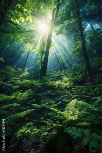 Discover the allure of an enchanting forest, where dappled sunlight dances through the lush green canopy, creating a mystical ambiance. Generative AI 