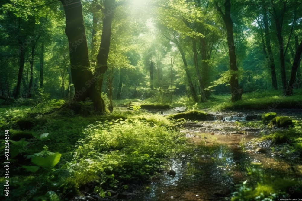 Step into an enchanting forest, where sunlight weaves its magic through a lush green canopy, creating a scene of ethereal beauty. Generative AI  