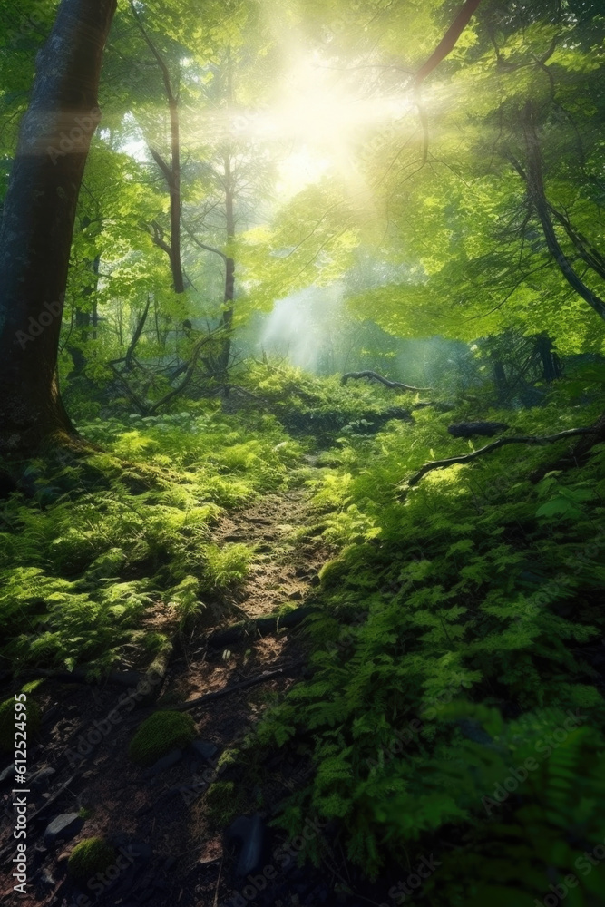 Naklejka premium Step into an enchanting forest, where sunlight weaves its magic through a lush green canopy, creating a scene of ethereal beauty. Generative AI