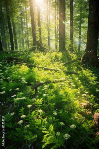 Nature's enchantment unfolds in a forest bathed in golden rays, as sunlight filters through the verdant canopy, casting a mesmerizing glow. Generative AI 