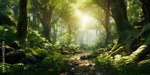 Nature's enchantment unfolds in a forest bathed in golden rays, as sunlight filters through the verdant canopy, casting a mesmerizing glow. Generative AI  