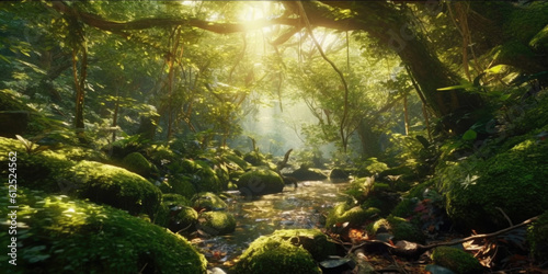 Step into an enchanting forest, where sunlight weaves its magic through a lush green canopy, creating a scene of ethereal beauty. Generative AI 