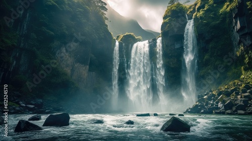 A professional shot of a majestic waterfall. Generative AI. 