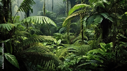 A professional rainforest photograph, highlighting the lush vegetation and intricate patterns of the dense foliage. Generative AI. 