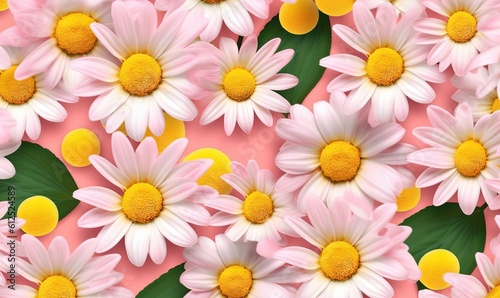  a bunch of pink and yellow flowers on a pink background with green leaves and yellow centers on the petals of the flowers, with a pink background of pink and white. generative ai