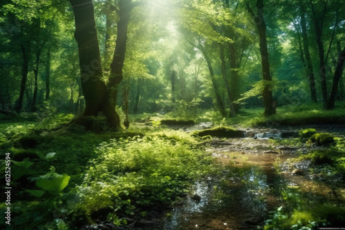 Step into an enchanting forest, where sunlight weaves its magic through a lush green canopy, creating a scene of ethereal beauty. Generative AI © Landscape Planet