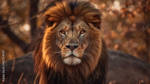 A professional wildlife photograph of a majestic lion in its natural habitat, freezing the intense gaze and powerful presence of the king of the jungle. Generative AI. 