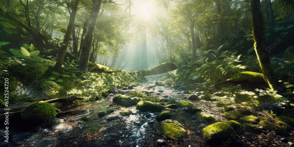 An enchanting forest scene with rays of sunlight filtering through the lush green canopy. Generative AI  
