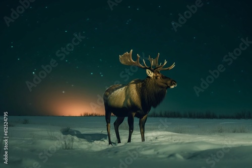 mighty moose in the snow under the starry sky created with Generative AI technology