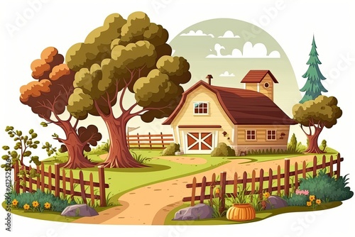 cozy countryside house with a wooden fence and lush trees. Generative AI