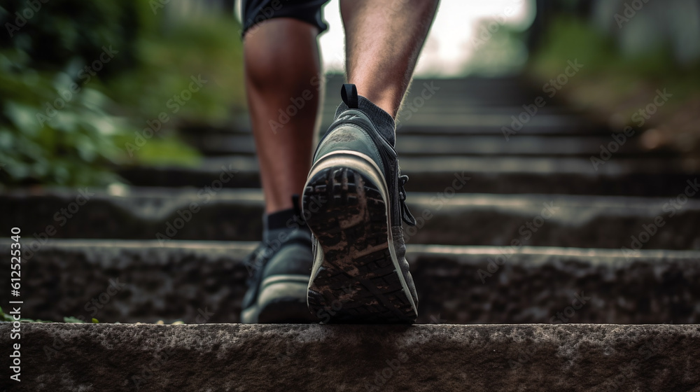 close-up of human legs climbing up the stairs in sneakers and shorts, generated by AI close-up of human legs climbing up the stairs in sneakers and shorts, generated by AI