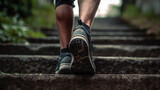 close-up of human legs climbing up the stairs in sneakers and shorts, generated by AI