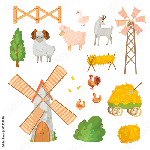 Donkey, Horse, Llama or Alpaca, Sheep, Cow, Goat and Pig. Farm animals and buildings. Mill. Barn. Cattle breeding Vector illustration isolated on white background.