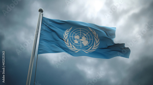 UN flag on a flagpole against a cloudy sky photo