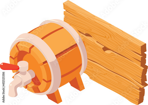 Drink production icon isometric vector. Beer barrel with tap near wood plaque. Hobby, production, business photo