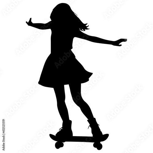 Vector illustration. Silhouette of a girl on a skateboard. The girl balances with her arms outstretched.