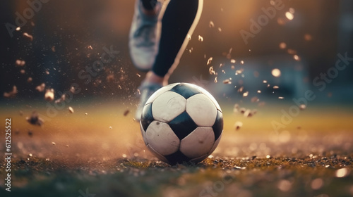 close-up moment before kicking a soccer ball, no faces, generated by AI