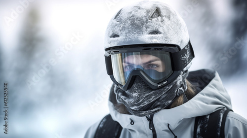 portrait of a girl in full equipment for extreme mountain skiing, created by A.I.