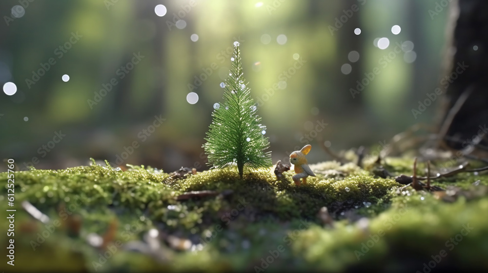 a small Christmas tree in the forest on the moss during the rain, generated by AI - obrazy, fototapety, plakaty 