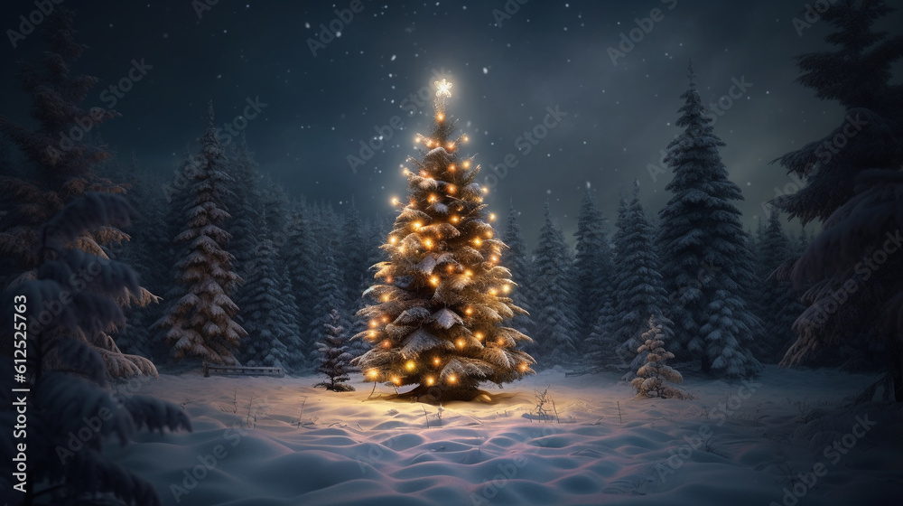 beautiful live Christmas tree decorated with lights in a snowy coniferous forest, generated by AI