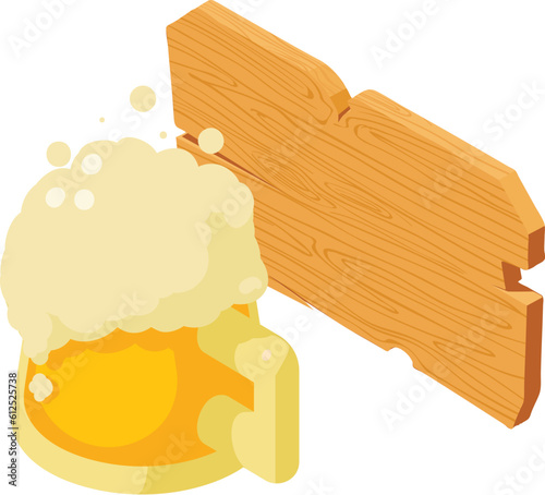 Beer degustation icon isometric vector. Foamy beer mug and wooden bar signboard. Brewing, tasting
