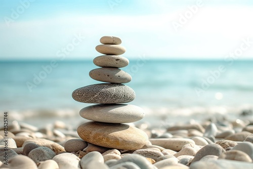 A pile of smooth stones carefully stacked on a pebbly beach, symbolizing balance, with the ocean as a calming backdrop, generative ai