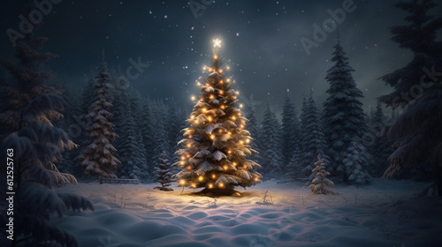 beautiful live Christmas tree decorated with lights in a snowy coniferous forest, generated by AI
