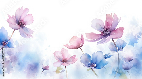 watercolor pink and blue flowers drawn on white background, AI generated