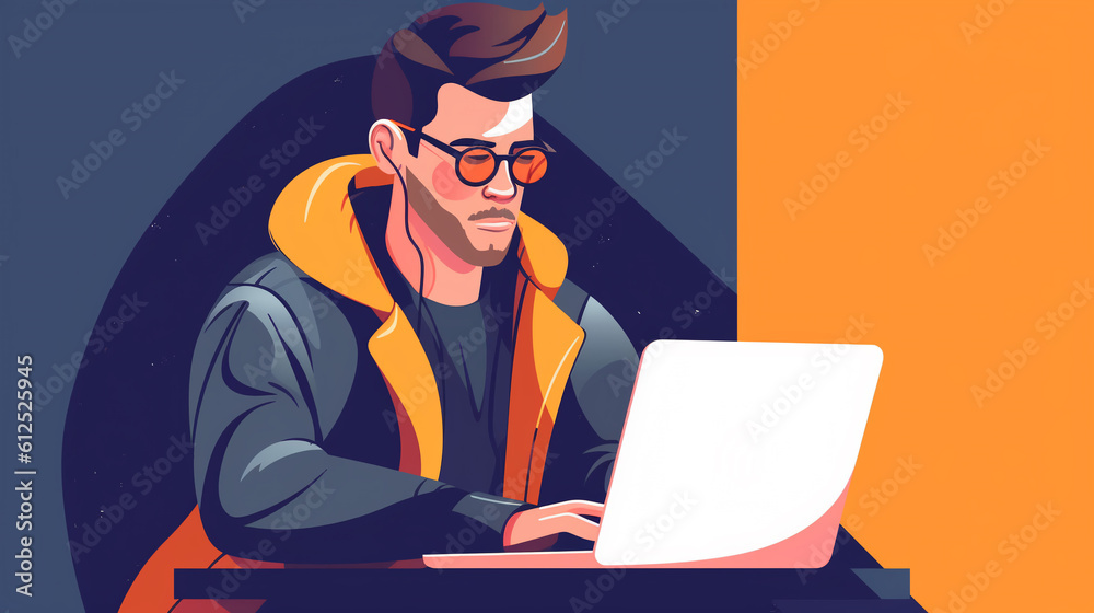 a guy in glasses in a jacket and with a stylish hairstyle in headphones is sitting at a laptop, generated by AI a guy in glasses in a jacket and with a stylish hairstyle in headphones is sitting at a laptop, generated by AI