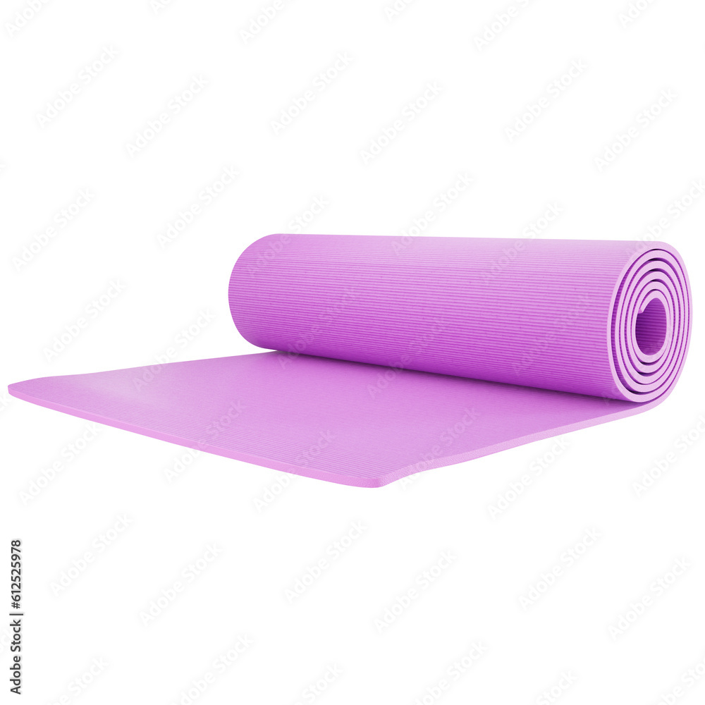 Pink Rolled Yoga Mat Cut Out. Realistic 3D Render. Pink Rolled Yoga Mat Cut Out. Realistic 3D Render.