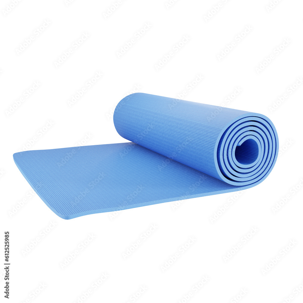 Blue Rolled Yoga Mat Cut Out. Realistic 3D Render.