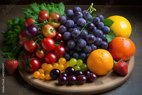 Fresh fruits and veggies in a variety of colors. Generative AI