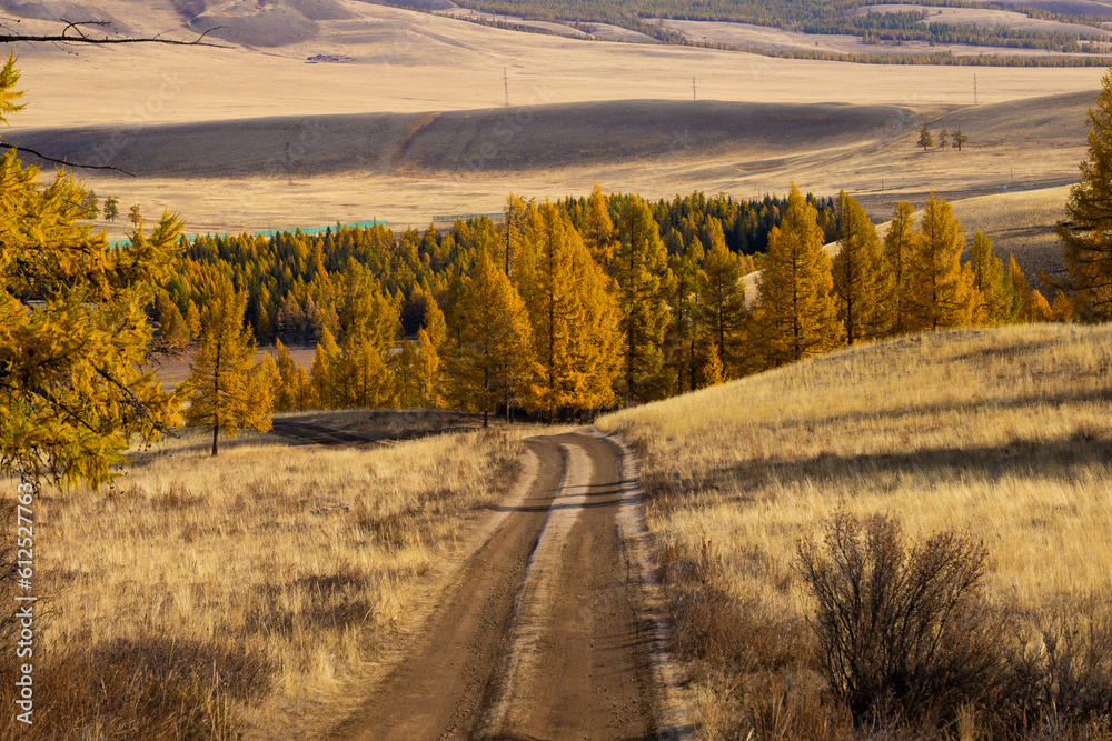 Fototapeta premium Autumn landscape with views of mountains, forest, rivers at sunrise and sunset
