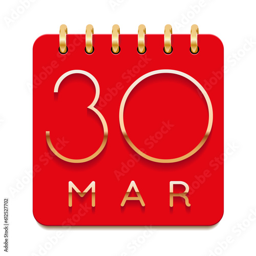30 day of the month. March. Luxury calendar daily icon. Date day week Sunday, Monday, Tuesday, Wednesday, Thursday, Friday, Saturday. Gold text. Red paper. Vector illustration.