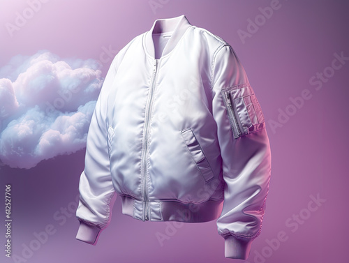 white Bomber clothes promotional photo beautiful electronic commercial photography , Purple background, studio photo, clean design, pastel colors