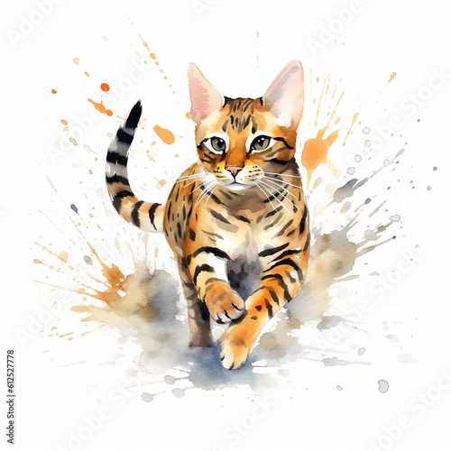 A painting of a tiger cat running on a white background. Generative AI.