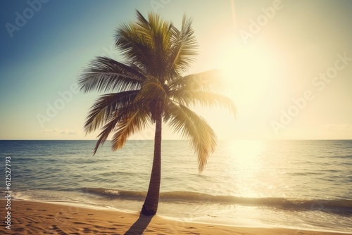 Gorgeous coconut palm tree on a bright backdrop. Vacation at a tropical summer beach or the idea of saving the world. an antique tone. Generative AI