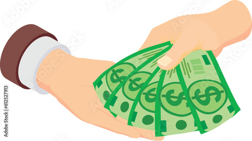 Bribe concept icon isometric vector. Man hand betray dollar bill to another hand. Illegal act, bribery