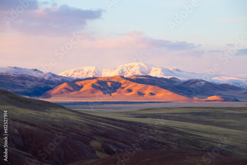 Autumn landscape with views of mountains, forest, rivers at sunrise and sunset