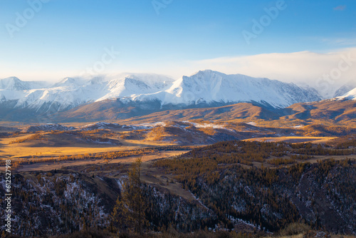 Autumn landscape with views of mountains, forest, rivers at sunrise and sunset