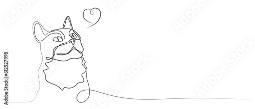 Cat face line drawing, vector illustration. Cat and heart. Home pet. The cat is human friend