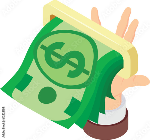 Cashing out icon isometric vector. Human hand and stack of dollar banknote icon. Financial concept, cash, money