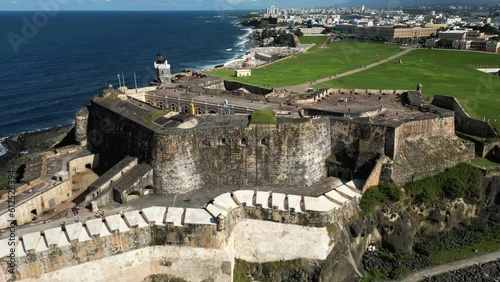 Aerial of the old Castillo San Felipe del Morro in San Juan, Puerto Rico on a sunny day photo