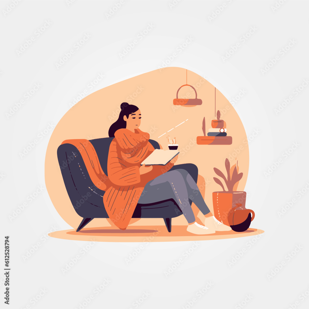 woman sitting working reading a book in the room woman sitting working reading a book in the room