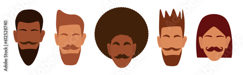 Vector Set of abstract characters of men with different hairstyles, mustaches and beards. Faceless male portraits. Clipart for banner, poster, flyer, greeting card, web design, print design. EPS 10