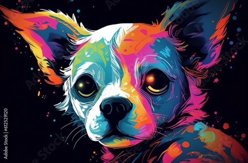illustration of a small chihuahua with color accents created with Generative AI technology