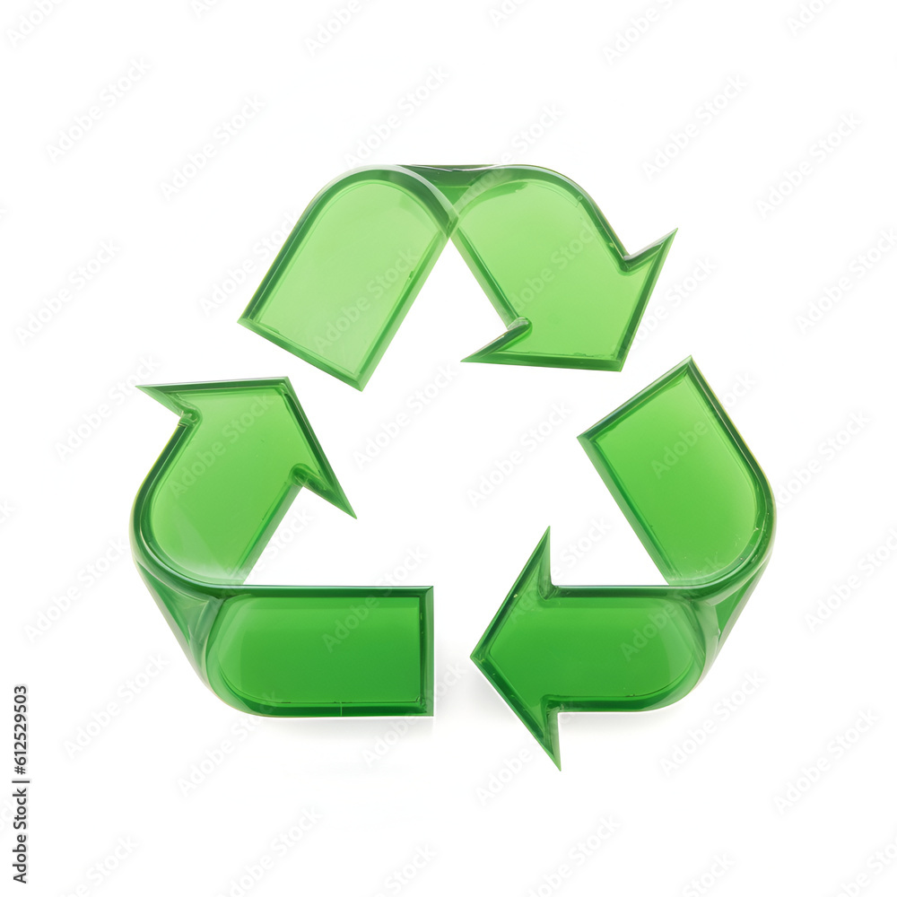 Waste recycling symbol in green colors made of glass material on white background. Generative AI Waste recycling symbol in green colors made of glass material on white background. Generative AI