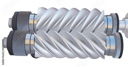 Illustration of male and female screw rotors with bearings and helical gears